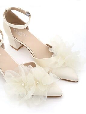 Kailee P Ivory Satin Ankle-Strap Block Heel